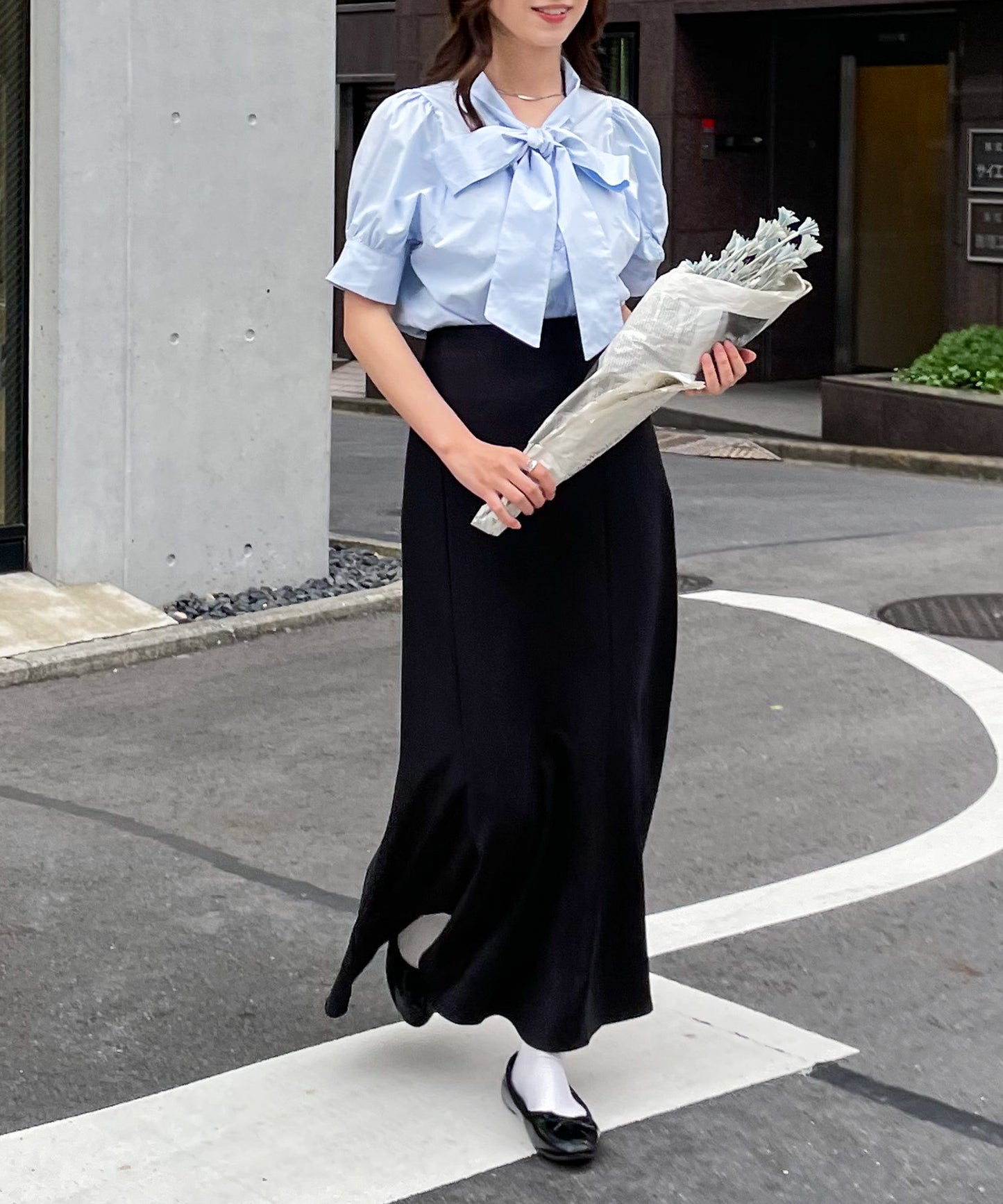 半袖コットンボウタイブラウス