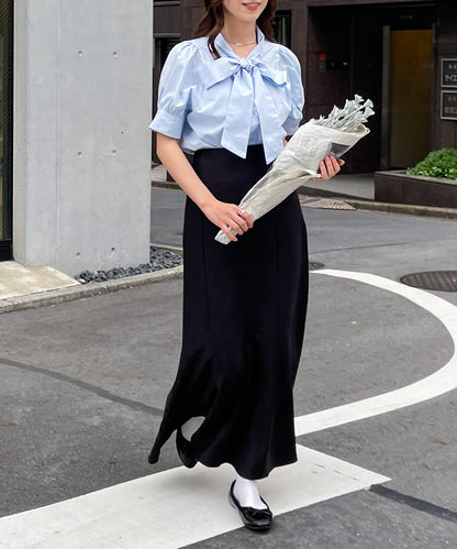 半袖コットンボウタイブラウス